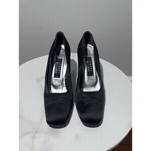 Stuart Weitzman Black Suede Satin Square Toe Block Heel City 8 Leather Sole